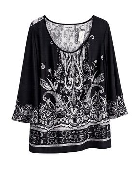 Avenue Black White Paisley Tunic Top 14/16 Boho Flowy 3/4 Sleeve Plus Size